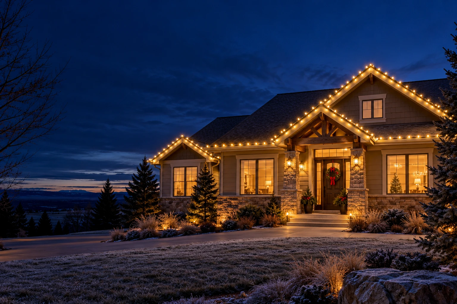 Illustrative concept of a home with vintage white Christmas lights along the roof and porch